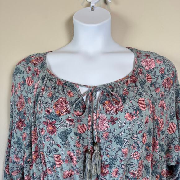 Knox Rose 1X Plus Size Peasant Floral EUC Midi Dress Boho 100% Rayon Tiered - Picture 3 of 12